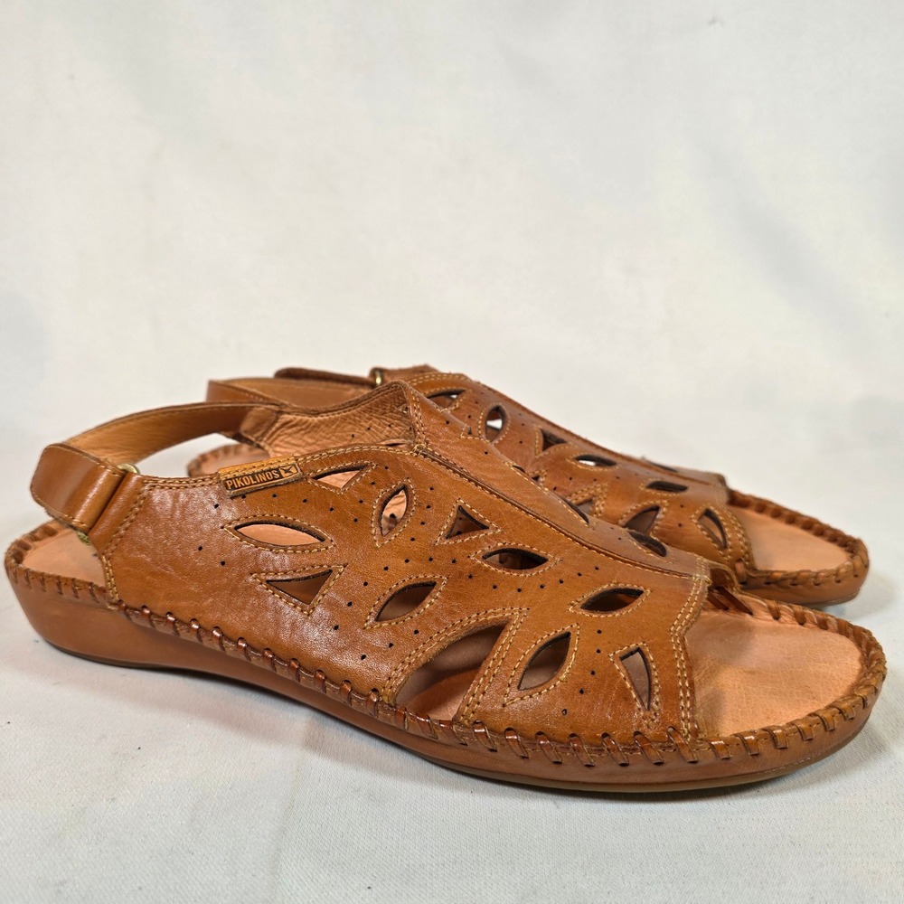 Pikolinos Womens 41 US 10.5 Tan Leather Whipstitch Slingback Adjustable Sandals